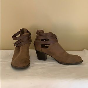 Buckled, strappy open ankle booties